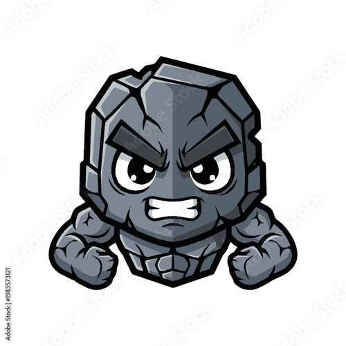 Angry cartoon rock character flexing muscles.