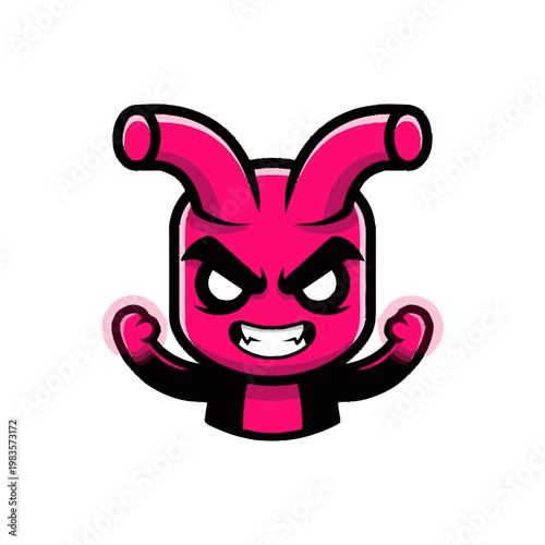 Angry pink cartoon character face closeup.