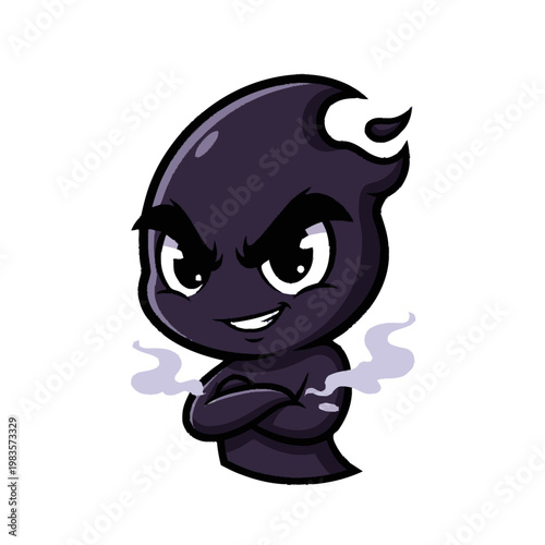 Cartoon evil creature with horns smiling.