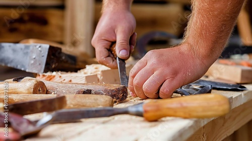 Craftsman Works With Wood and Tools in Workshop During Daylight Hours