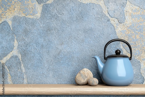 Pastel Blue Teapot and Stones on Rustic Shelf