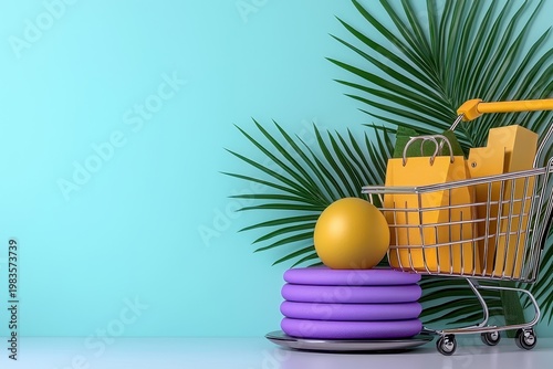 Pastel Shopping Cart with Macarons and Palm Fronds on Teal Background