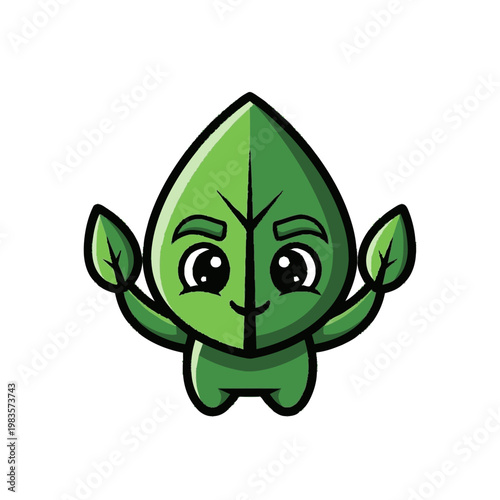 Green cartoon leaf character smiling.