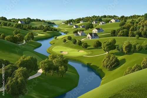 Picturesque Golf Course Landscape with Winding River and Houses