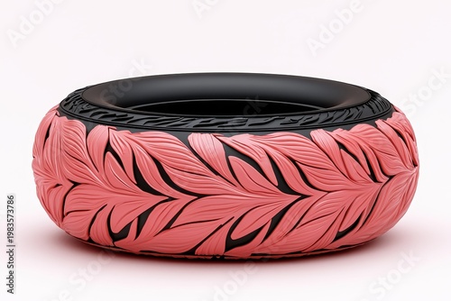 Pink and Black Tire with Leaf Pattern Tread, 3D Render