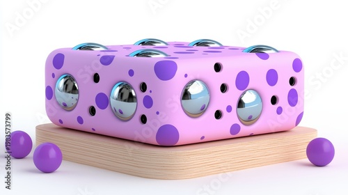 Pink Cube with Purple Polka Dots and Metallic Spheres