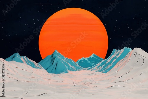 Pixel Art Sunset Landscape Teal Mountains and Orange Sun
