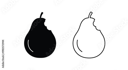 Two pears one black and one white both with a bite taken
