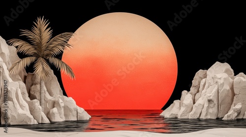 Pixel Art Sunset Seascape Orange Sun, Gray Rocks, and Palm Tree
