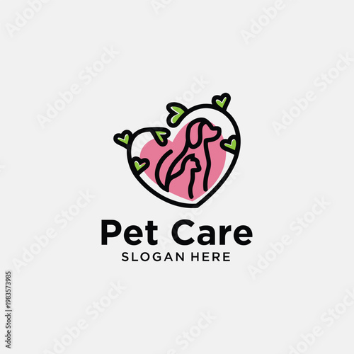 Pet Care Logo with Dog and Cat Inside Heart Shape.