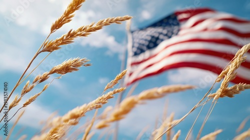 Wheat Sways in the Breeze Under a Blue Sky Near a Waving American Flag During...