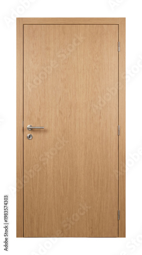 Modern light oak wooden interior door with metal handle, closed. Isolated on transparent background, png
