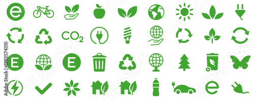 Comprehensive green ecology and environmental protection icons set clean energy concepts