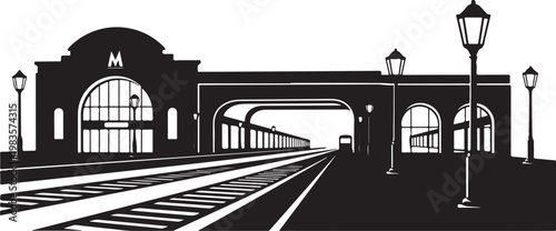 black and white train station, railway terminal illustration, monochrome depot vector, transportation icon