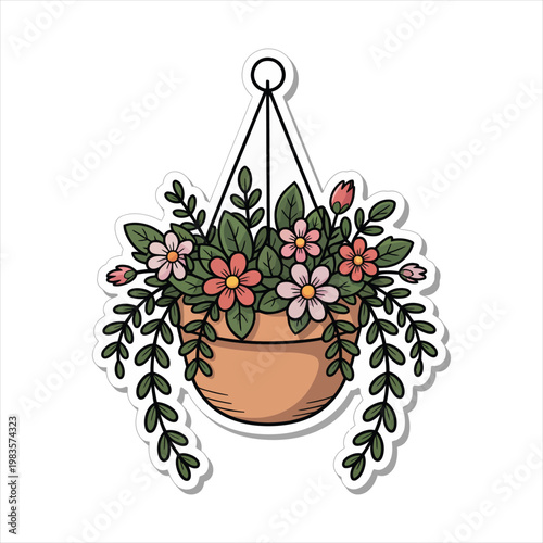 Hanging flower pot sticker with trailing green plants and pink floral blooms