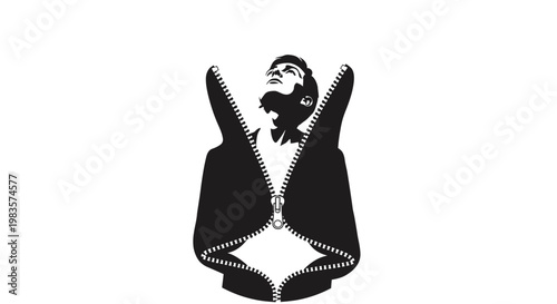Black silhouette of a woman's torso with unzipped jacket.