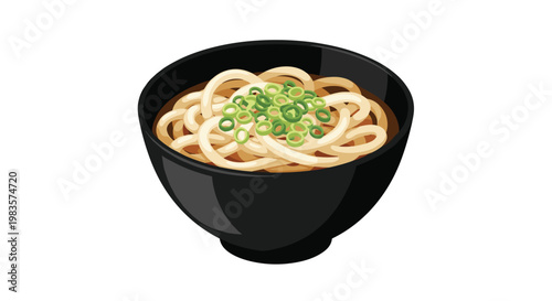 A sleek and glossy black ceramic bowl holds a generous serving of thick pale udon noodles swimming in a rich dark broth with chopped green onions.