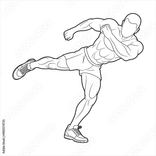 Athletic man performing high kick martial arts line art drawing for coloring