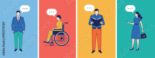 Diverse people communication concept with business professionals, wheelchair user and speech bubbles, inclusive interaction illustration on colorful backgrounds