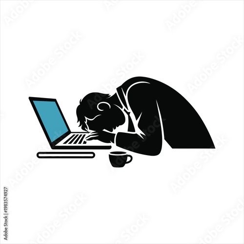 Man asleep at laptop with coffee, exhausted, overworked businessman silhouette