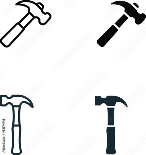 Hammer Icon Set Construction Tool Line and Solid Vector