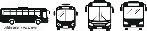 Collection of black bus icons from side and front views, public transport vector illustrations.