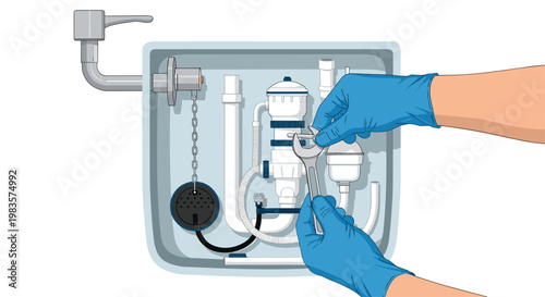 A pair of hands wearing protective blue nitrile gloves meticulously uses a silver metal wrench to repair the internal plumbing of a white toilet tank.