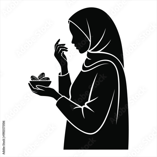 Muslim woman in hijab eating dates for ramadan iftar silhouette vector illustration