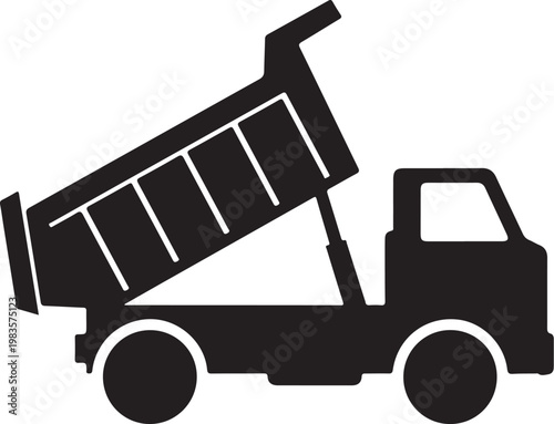Black dump truck icon, silhouette, vehicle illustration, construction, transportation
