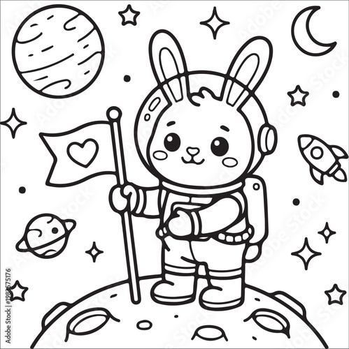 Cute bunny astronaut on the moon coloring page for kids vector.