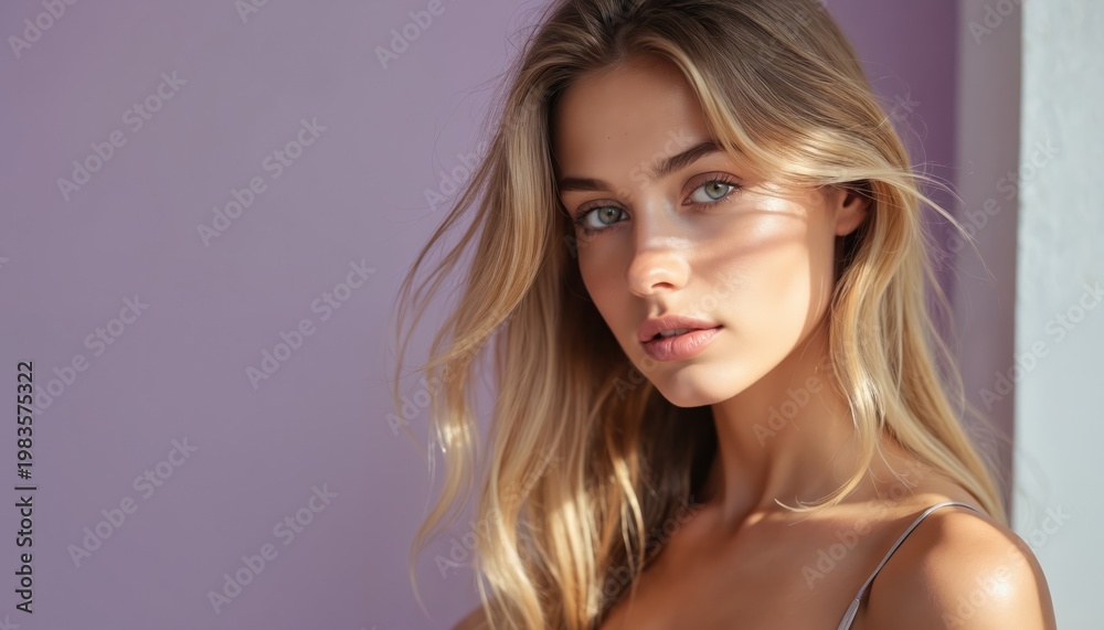 Naklejka premium Young woman studio portrait with blond hair blowing gently. Natural look and light. Her face shows clean skin and soft makeup, looking forward.