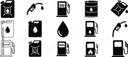 Set of modern flat icons related to fuel and energy industry like gas station and canisters isolated on transparent background.
