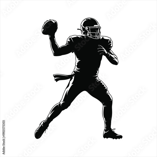 Silhouette of American football quarterback throwing ball, athletic action, white background