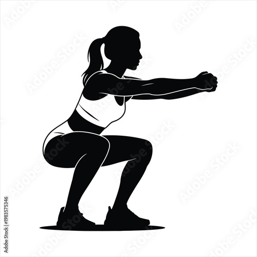 Silhouette of woman doing squat exercise, fitness, workout, athletic body, white background