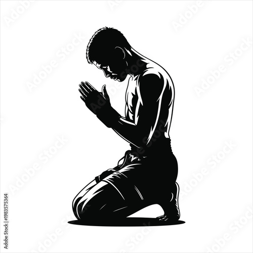 Silhouette of man kneeling in prayer, hands clasped, spiritual devotion, white background