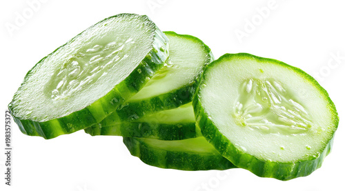 Close-up of several green cucumber slices, overlapping, isolated on black background