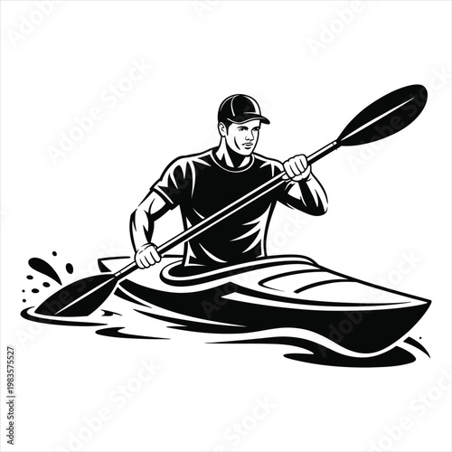 Kayaking adventurer paddling on water surface in canoe sports equipment