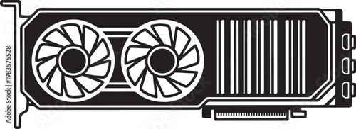 Computer graphics card, GPU vector illustration, black and white, dual fan, heat sink design