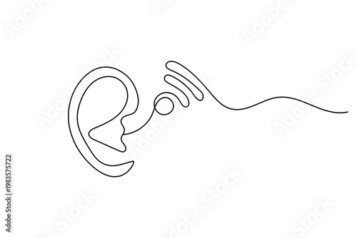 Continuous one line drawing human ear with wifi signal symbol