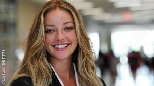 Smiling Woman in a Casual Setting During a Busy Day at a Modern Location