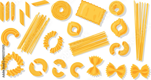 Pasta shapes set vector illustration italian cuisine spaghetti macaroni ravioli collection cooking food design elements