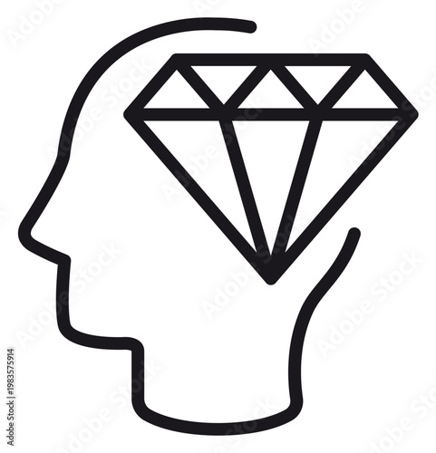 Billede på lærred Black vector icon illustration of a human head profile with a diamond symbol inside, representing brilliant ideas, mental value, precious thoughts, intelligence, and cognitive wealth
