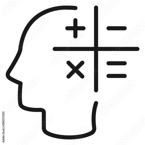 Black vector icon illustration of a human head profile with mathematical symbols including plus, minus, multiply, and equals, representing mental calculation, logic, and problem-solving skills.