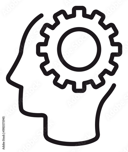 Minimalist black line vector icon of a human head profile with a gear inside, symbolizing mental process, logical thinking, artificial intelligence, brain function, and creative problem solving.