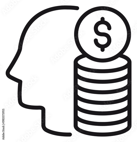 Fotografia Black vector icon of a human head profile next to a stack of coins with a dollar symbol, representing financial mindset, wealth management, and investment concepts