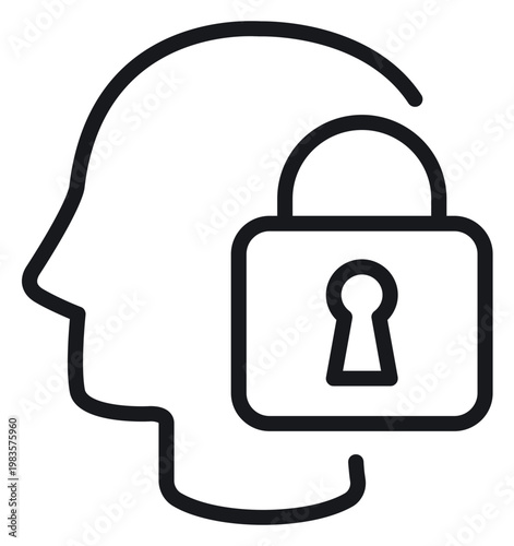 Black line vector icon of a human head profile with a padlock symbol inside, representing mental privacy, psychological security, secret thoughts, introversion, or data protection concept.
