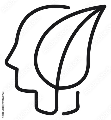 Foto Minimalist vector icon of a human head profile combined with a leaf, representing eco-friendly mindset, sustainability, mental health, and nature connection, black line art illustration isolated