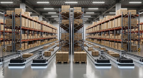 Automated warehouse robots moving boxes.