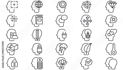 25 Human Head Profile and Mind Vector Icon Set, Black Silhouette Symbols for Mental Health, Psychology, Artificial Intelligence, Education, Creativity, Logic, Brain Power, and Business Concepts.