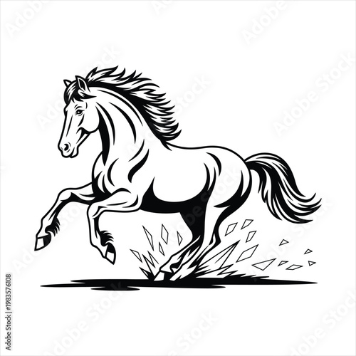 Galloping black horse with mane flowing in motion